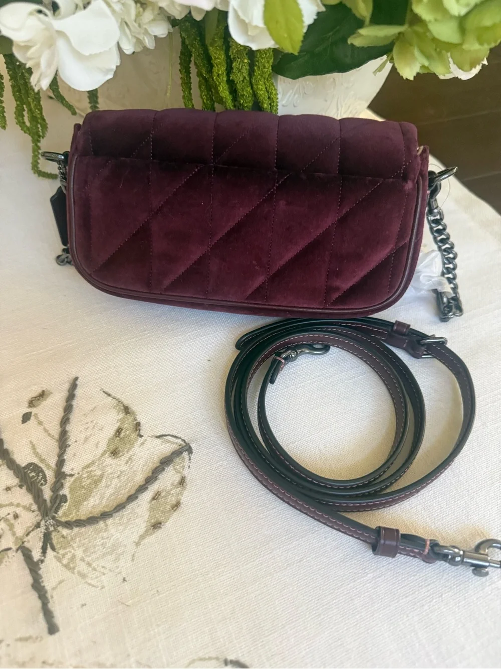COACH Quilted Velvet Crossbody in Burgundy